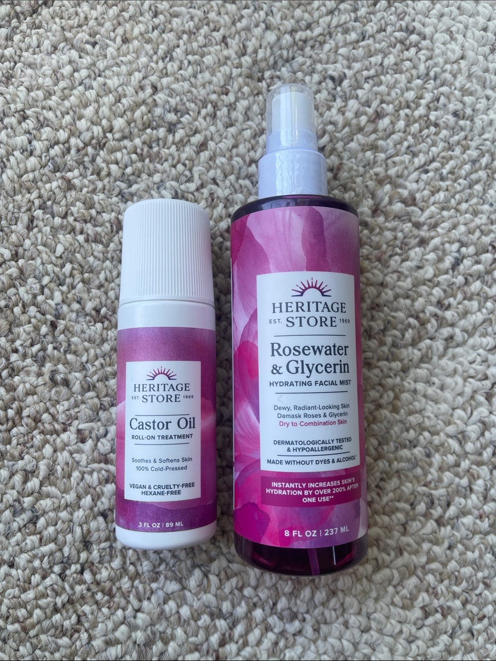 Heritage Rosewater & Glycerin Hydrating Mist and castor oil